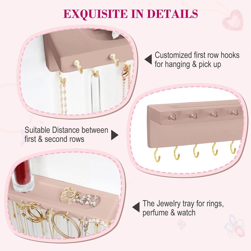 YYILIS Necklace Holder, Upgraded Extra Large Wall Necklace Organizer with 30 Hooks Wall Mounted Necklace Hanger with Jewelry Tray/Cosmetics Shelf Rustic Pine Wood Holder (Pink) - Image 5